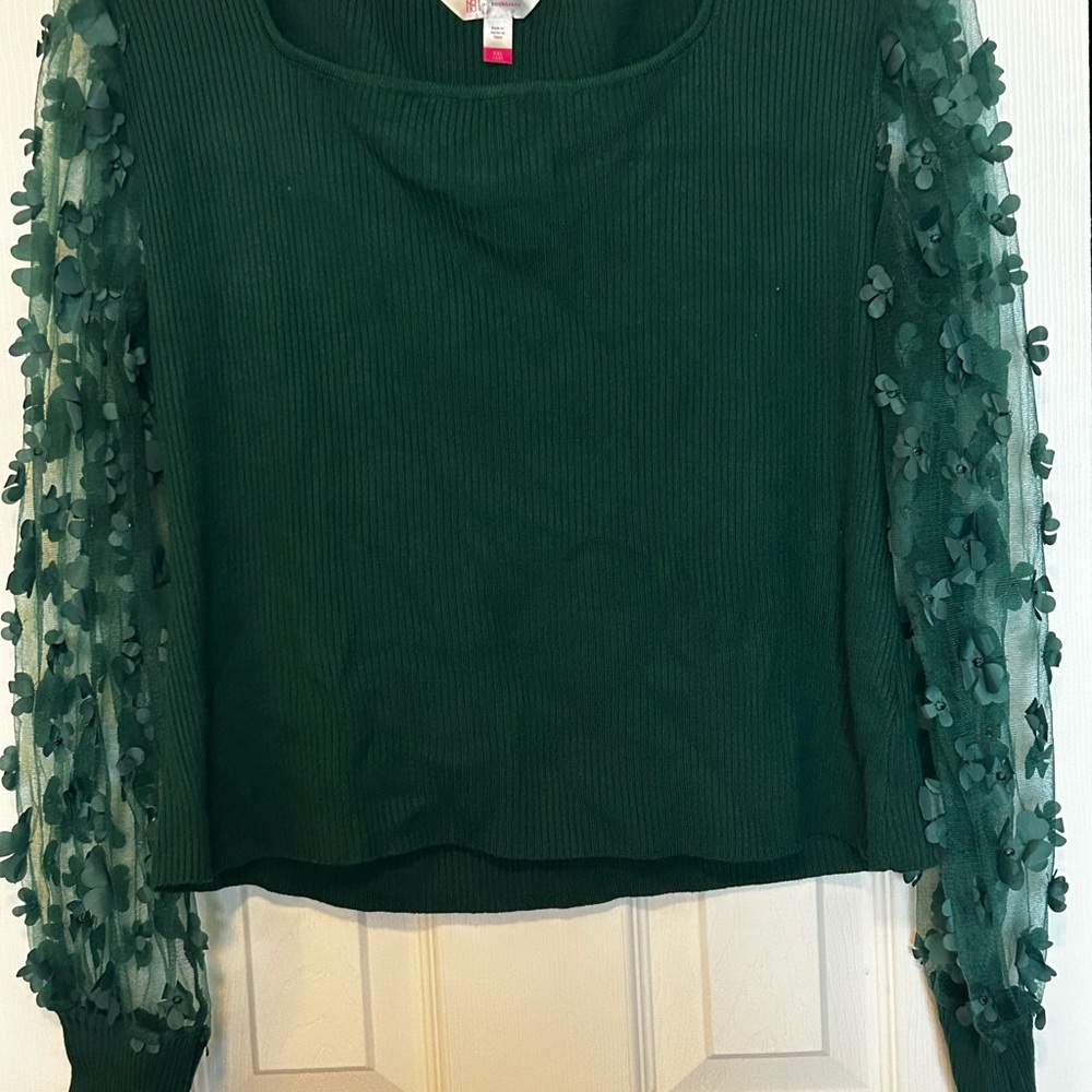 No Boundaries Green Top with Floral Mesh Sleeves